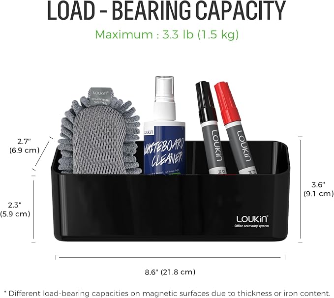 loukin Magnetic Marker Holder Set, Whiteboard Accessory Tray Set, Black | 8.6" × 2.7", Holds 4 Erasers and 12 Markers, Supports up to 3.3 lb, 2 Mounting Options, Fits Glass and Refrigerators