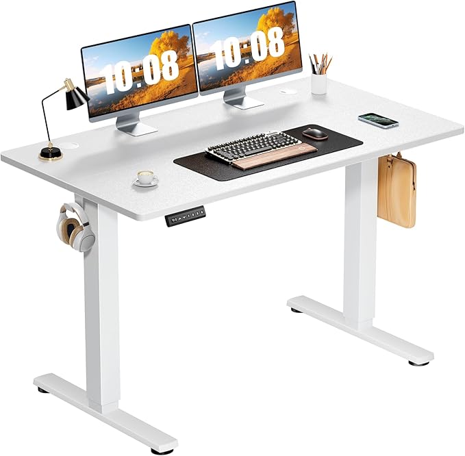 DUMOS 41 Inch Electric Standing Desk, Memory Adjustable Home Office Desk | Sit Stand Up Desk for Work Home Office,Adjustable Desk, Rising Computer Table with Splice Board,Cable Management,Hook,White