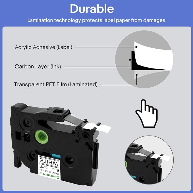 GREENCYCLE Extra Strength Label Tape TZe-S211 6mm 0.23" Laminated White Compatible for Brother P-Touch TZeS211 TZ-S211 TZe TZ 1/4 inch Black on White Label Tape for PT-D200 PT-D210 PT-D220, 2 Pack