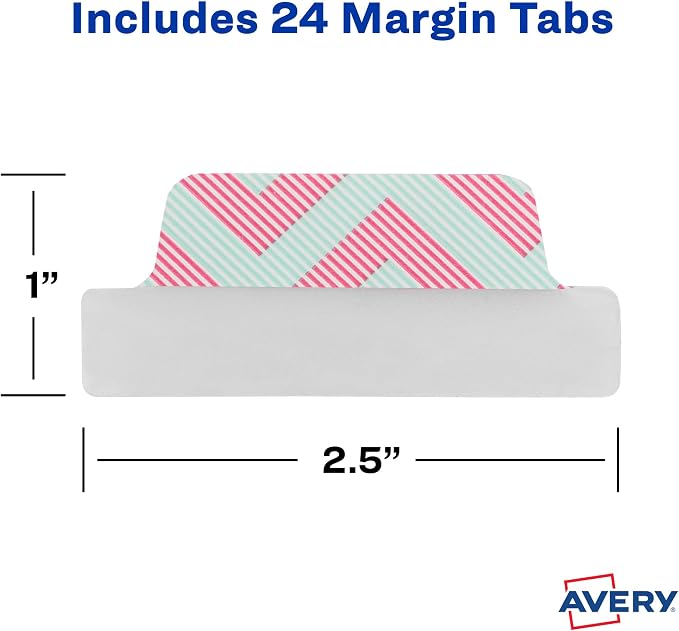 Avery Margin Ultra Tabs, 2.5" x 1", Assorted Color Geometric Designs, 24 Repositionable Page Tabs (74897)
