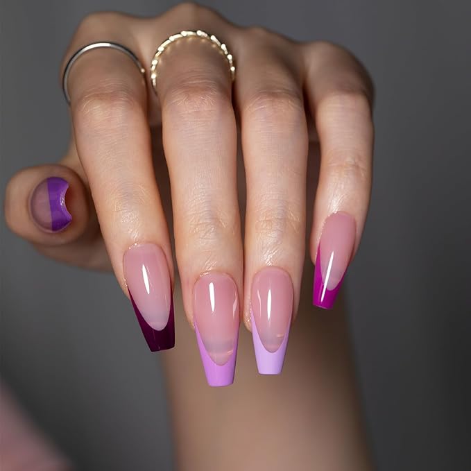 SXC Cosmetics French Tip Press On Nails 150 Pieces in 15 Sizes Ultra Fit with Pre-applied Tip Primer and Base Coat, No Need to File Fake Nails for Nail Art DIY X-Pro Tips (5PURPLE120-M Coffin)