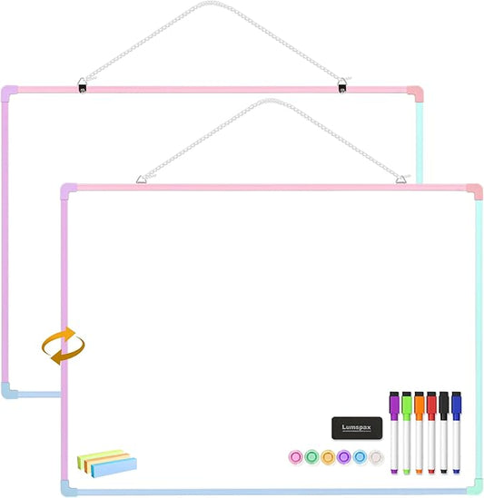 Dry Erase Board for Wall, 24" x 18" Double-Sided Hanging White Board with 6 Markers, 6 Magnets and 3 Mini Sticky Notes, Portable Whiteboard for Home, Office, School, Colorful Frame