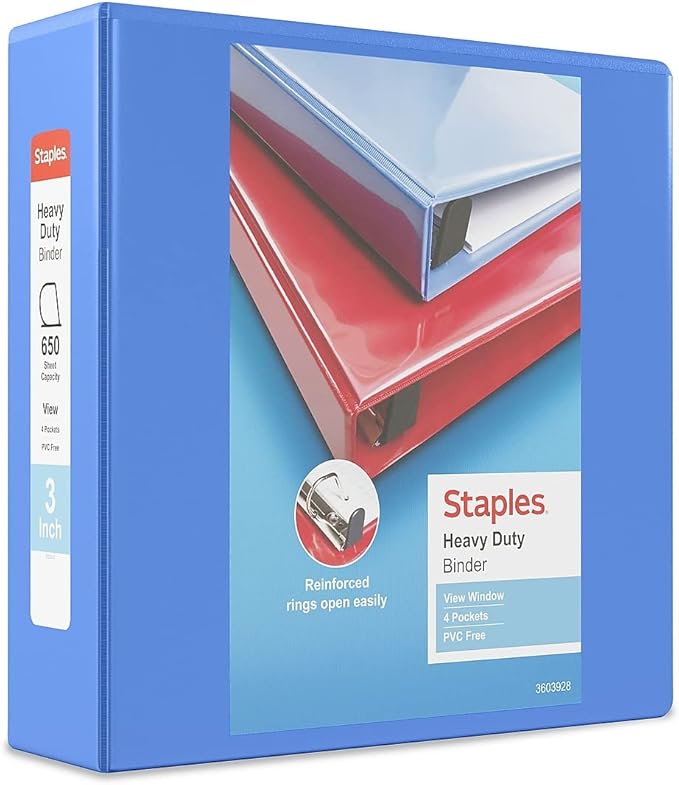 Staples Heavy-Duty 3-Inch D-Ring View Binder, Reinforced Spine, Holds Up to 600 Sheets, Periwinkle, for Office & School