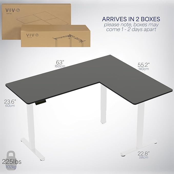 VIVO Corner Standing Desk, 63 x 55 inch Reversible L-Shaped Workstation, Electric Height Adjustment, Home, Office, and Reception Rooms, Black Table Top White Frame, DESK-E3CTWB