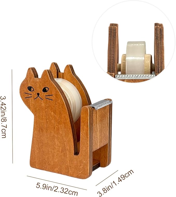 Wooden Tape Dispenser Desk - Cute Adorable Animal Design for Desk Organizing, 2-Pack Set Office & School Supplies (Black and Brown) (Cat)