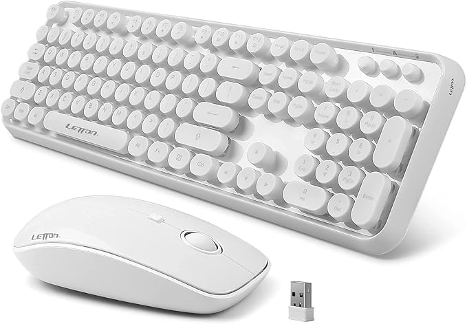 White Wireless Keyboard and Mouse Combo,Bubble Round Keys,Typewriter Style | Cute Aesthetic Minimalist Keyboard,Creamy Clicky Sound,2.4GHz Full-Size with Number Pad,for Long Nails PC Laptop Desktop