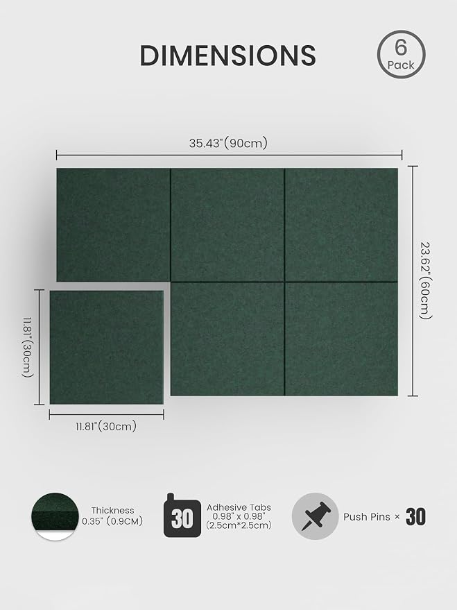 Bumusty 36" x 24" Large Cork Board Alternative, Pine Green | 6-Pack Felt Bulletin Board Tiles, 60 Adhesive Tabs, 30 Pushpins, Home, Office, Classroom, Vision Board