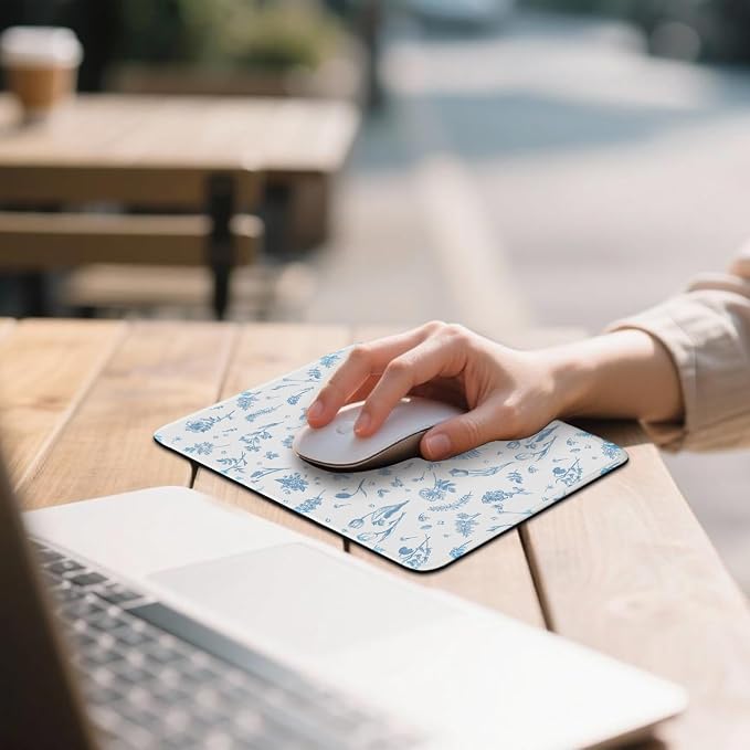 Mouse Pad for Desk with Stitched Edge, Premium Cute Washable Mouse Pads. Computer Mousepad with Non-Slip Rubber Base, Mousepads for Laptop, 9.25x7.75x0.12 inch (Blue Fern Florals)