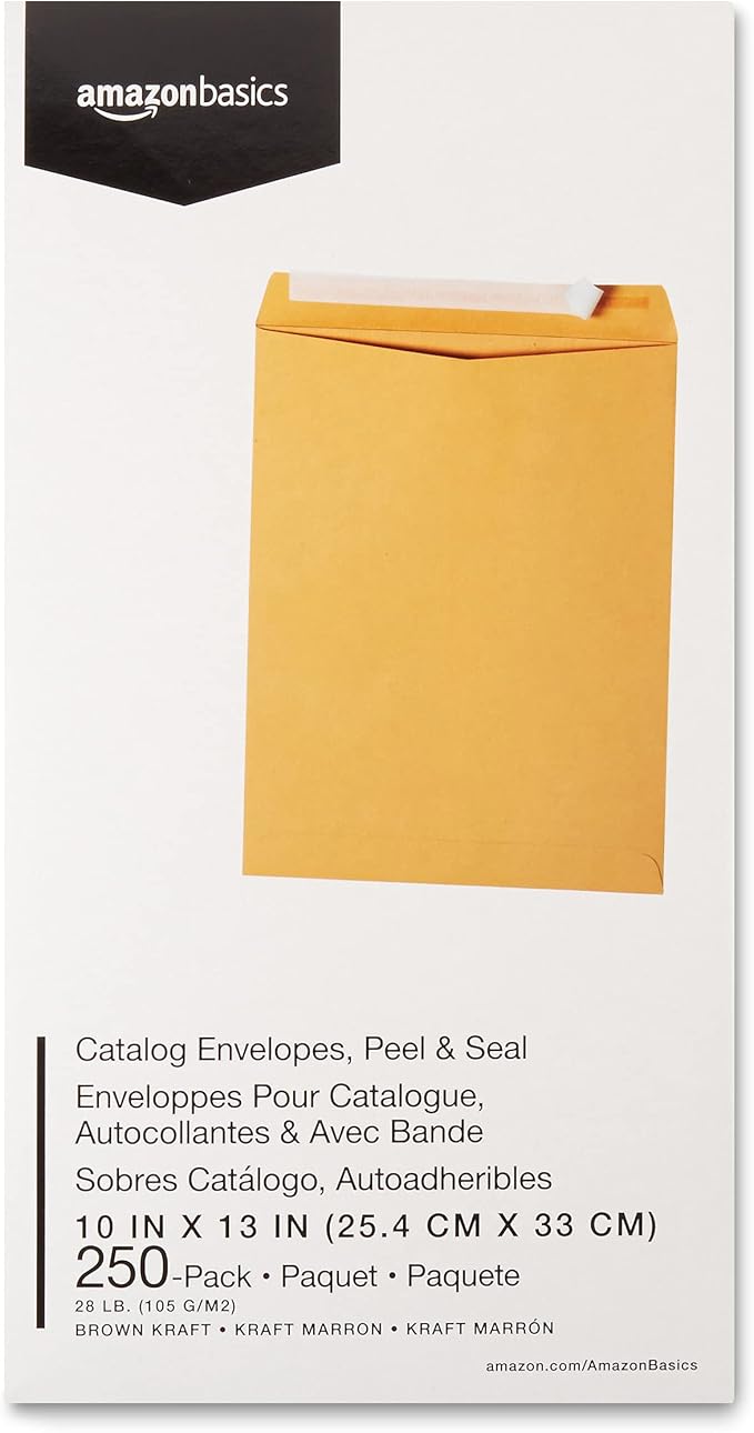 Amazon Basics Catalog Mailing Envelopes,Peel and Seal,10x13 Inch,Brown Kraft,250 Count (Pack of 2)