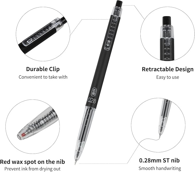 Gel Pens 0.28mm Extra Fine Point Pen, Black Ink, Ball Point Pen for School, Office, Stationery Supplies 6 Packs