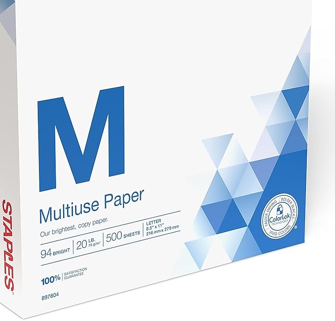 Staples Multipurpose Copy Printer Paper, 20 lb, 8.5 x 11 Inches, 1 Ream, 94 Bright, White