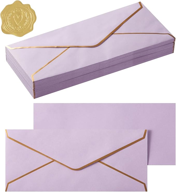 50 Pack #10 Business Envelopes with Gold Border, Self Seal Standard Envelopes with Gold Stickers for Office, Checks, Letter Mailing, Invoices, 4 1/8 x 9 1/2 Inches (Light Purple)