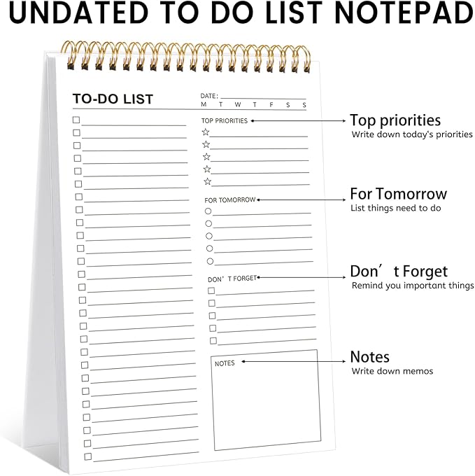 To Do List Notepad, Undated Daily Planner, 120 Pages Notebook, 6.7 x 9.8 | 100 GSM FSC Paper, Plastic Cover, Spiral Bound, Tear-Off Pages, Task Checklist Layout for Home, Work, Office School Supplies