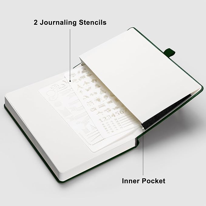 RETTACY Dotted Journal Notebook, 192 Pages, A5 Medium Size (5.7'' x 8.3''), Leather Hardcover, 100 GSM Thick Paper, for Journaling, Planning, Tracking (Dark Green)
