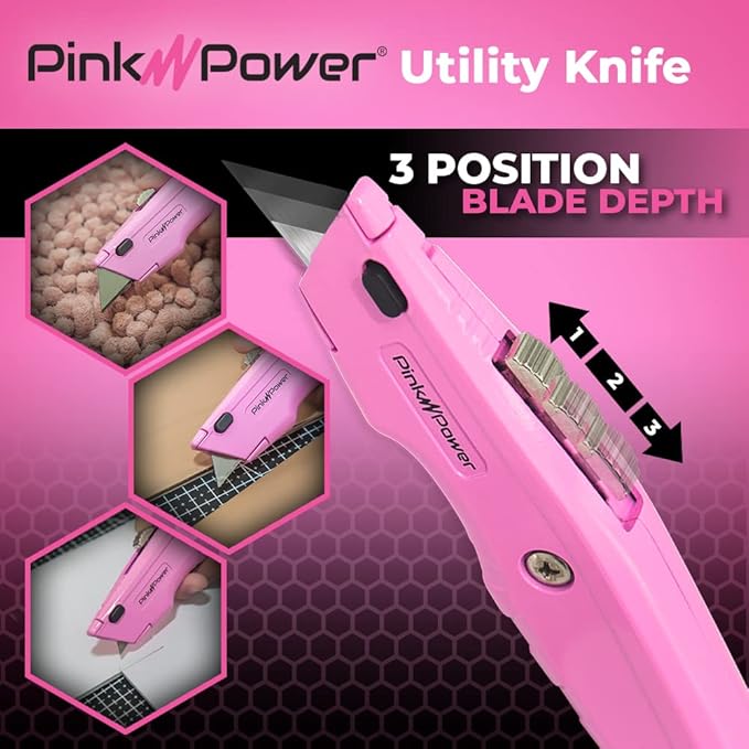 Pink Power Box Cutter Retractable, Pink Utility Knife for Carpet, Cute Box Cutter Knife Heavy Duty with 3 Blades and Storage Compartment - Opener Pocket Utility Tools for Women (50)