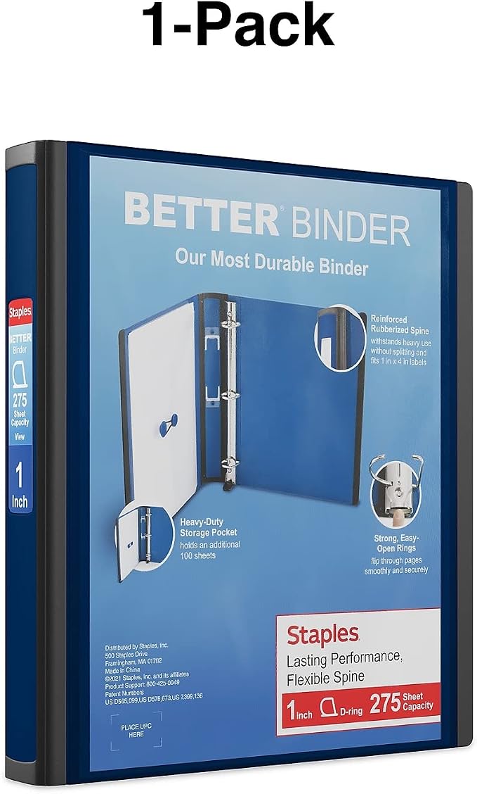 Staples Better Binder, 1 Inch 3-Ring, Navy Blue, Locking Rings, 3-Pk | Wide spine view binder with durable construction for office organization.