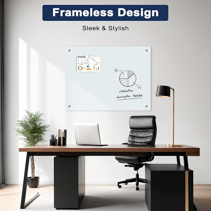Magnetic Glass Whiteboard, 4' x 3', Frameless Wall Mount, Normal White | 48" x 36", Large Glass Dry Erase Board for Wall, Includes 1 Marker Tray, 6 Magnets, White Board for Office, Home, Classroom