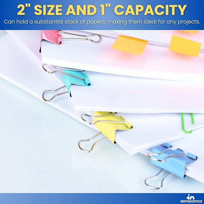 1InTheOffice Large Binder Clips Colored, 2" Size with 1" Capacity -12 Clips