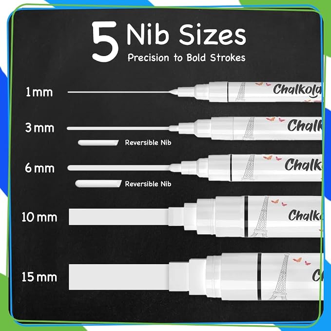 Chalkola 5 White Chalk Markers for Glass, Chalkboard, Blackboard, Window | 5 Variety Pack - Fine Tip, Bold & Jumbo - Erasable Liquid Chalk Pens (1mm, 3mm, 6mm, 10mm, 15mm) - White Dry erase Markers