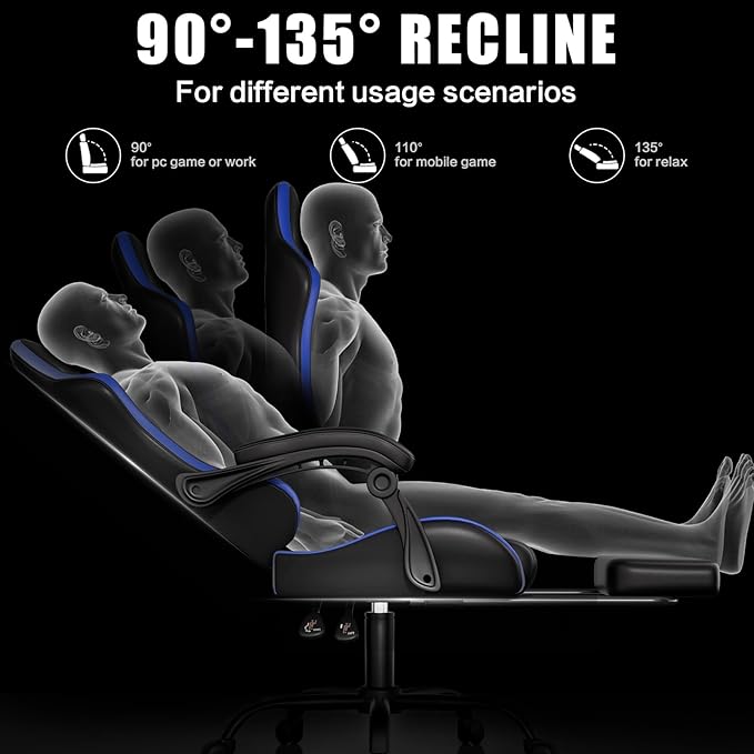 Gaming Chair, Ergonomic Office Computer Chair with Footrest and Lumbar Support Massager Racing Style High Back Video Gamer Chair, Wide＆Thick Cushion, 90°-135° Recline, Adjustable Height, Blue