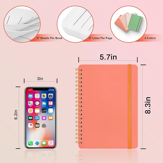 4 Pack A5 Spiral Journal Notebook, Lined Notebooks for Work, Note Taking, School, Writing, Spiral Bound Journaling Notebooks 8.3x5.8 Inch with Strap, Cute Notebooks for Women 57 Sheets