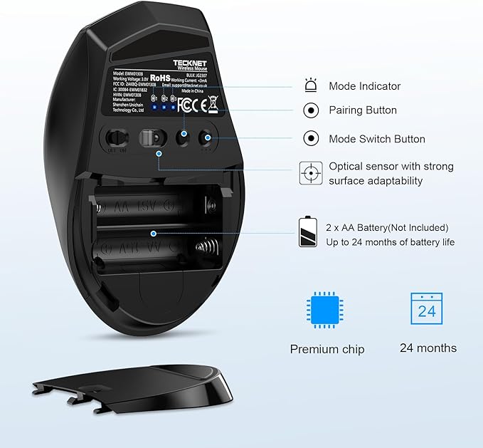 TECKNET Bluetooth Mouse, 4800 DPI Wireless Mouse, 2-Year Battery 6 Adjustable DPI, 6 Buttons Compatible with Laptop/Windows/Computer - Grey