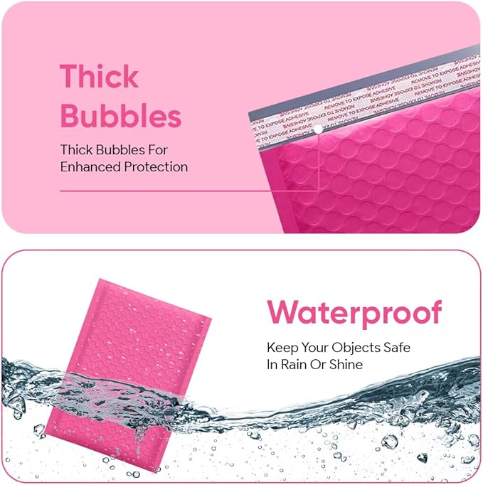 Hot Pink 8.5x12 Inch Poly Bubble Mailers #2 |Self Seal Padded Envelopes | Air Cushioned Bubble Mailer | Usable Size 8.5x11 Inch | 100 Pack Bulk | Waterproof | Lightweight Mailing Shipping Bags
