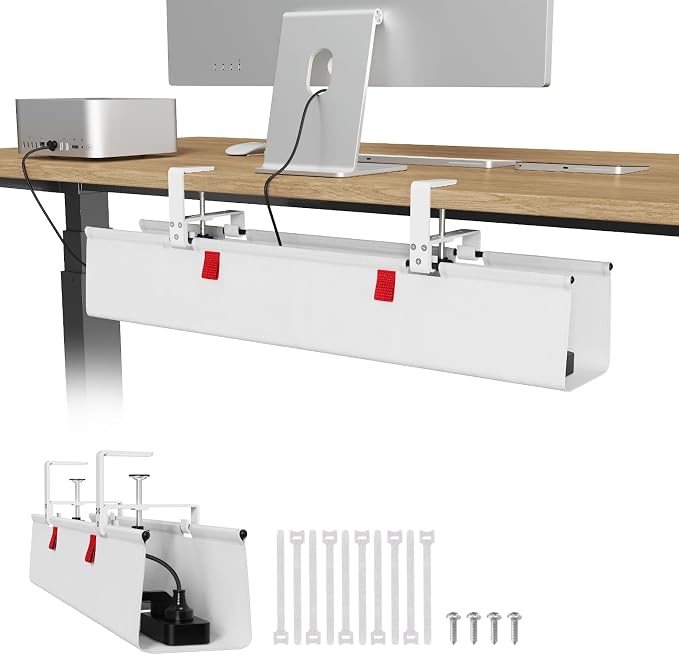 Univivi No Drill Under Desk Cable Management Tray, 28 inch Cable Management | Clamp/Screw Mount Cable Management Desk, Premium Fabric Cable Management Box, Various Sizes Wire Management for Office, Home