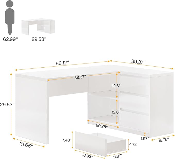 Tribesigns White L-Shaped Computer Desk with 3 Drawers, 55-Inch Modern Gloss Corner Home Office Executive Desk with LED Lights and 2 Storage Shelves for Work Study Writing
