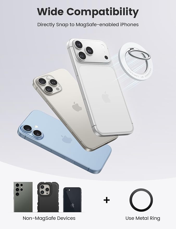 Lamicall Magnetic Phone Grip for MagSafe Accessories, Strong Magnet Ring | 360° Rotation, 1s Snap Finger Hand Holder, Stand Kickstand for iPhone 17 16 15 14 13 12 Pro Max Air, White Mag Safe Decor