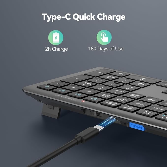 TECKNET Bluetooth Keyboard Rechargeable, 4-Device Free Switching (2.4G+BT), Ultra-Slim Full Size Wireless Keyboard, Quiet Typing, for PC/Laptop/Smart TV/Phone, Adjustable Stand, 12 Multimedia Keys