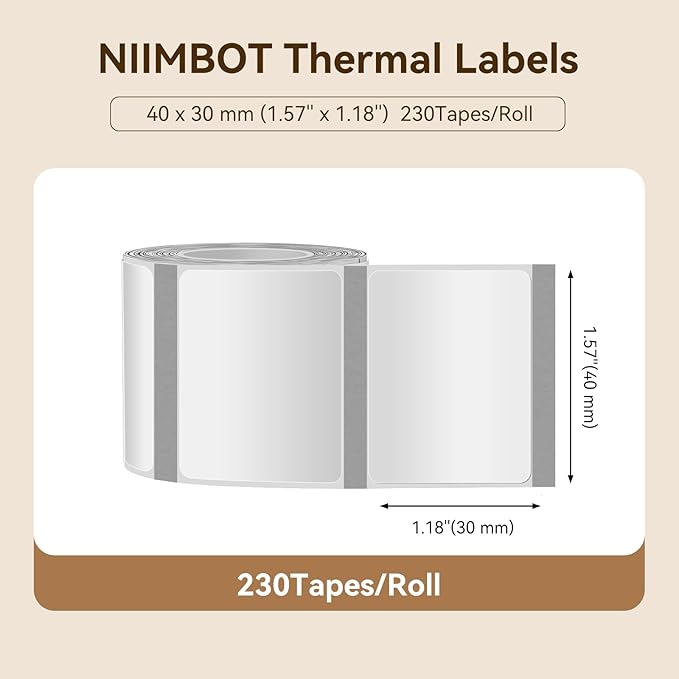 NIIMBOT Labels for B1/B21/B31 Label Maker, 40 x 30 mm (1.57'' x 1.18'') 230 Tapes/Roll, Thermal Label Tape, Waterproof, Oil-Proof for Home Office Small Business Labeling Tape Replacement(Clear)