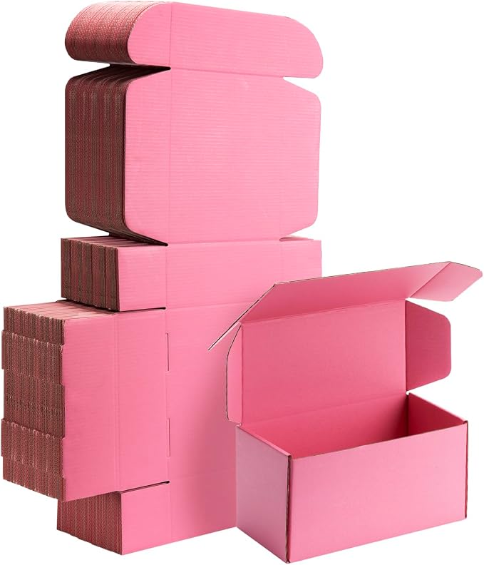 8x4x4 inch Pink Shipping Boxes for Small Business- Set of 25 | Sturdy ECT 32 Corrugated Cardboard Mailer Boxes, Easy Assemble for Packaging, Mailing, Gift