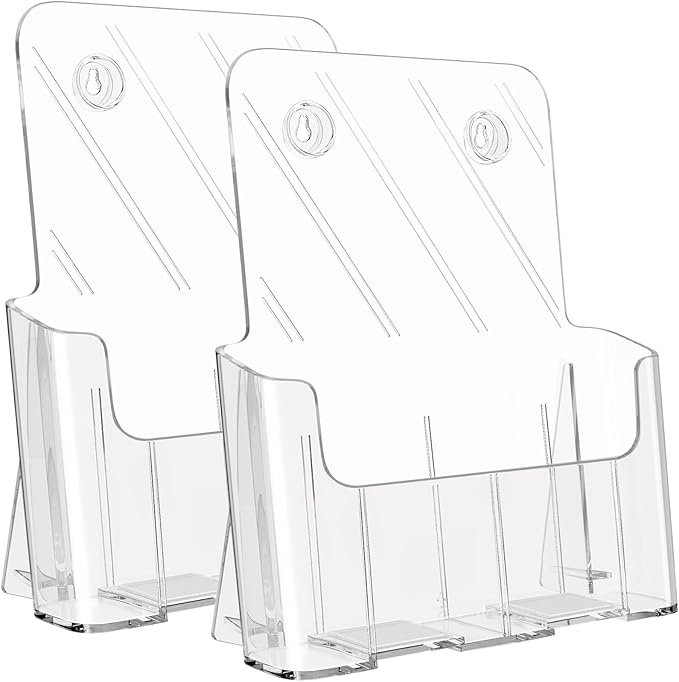 KTRIO Acrylic Brochure Holder 8.5 x 11 Clear Flyer Display Stand, Plastic Literature Holder for Trifold Brochures, Magazines, Menus, Pamphlets, Booklets, Documents, Desk or Wall Mount, 2 Pack