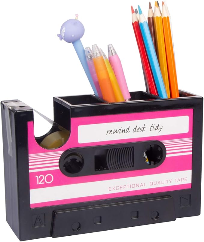 Aobopar Cute Tape Dispenser, Pink Tape Dispenser Desk, Office Desktop Tape Dispenser, Funny Novelty Tape Dispenser Pen Holder, Retro Cassette 80'S Desk Accessory Organizer