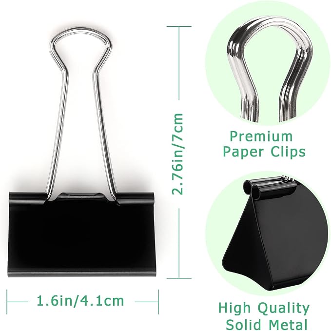 ZZTX 12 Pack Large Binder Clips 1.6 Inches Black | Paper Clamps Clips, Durable steel, Rust-resistant, Strong spring