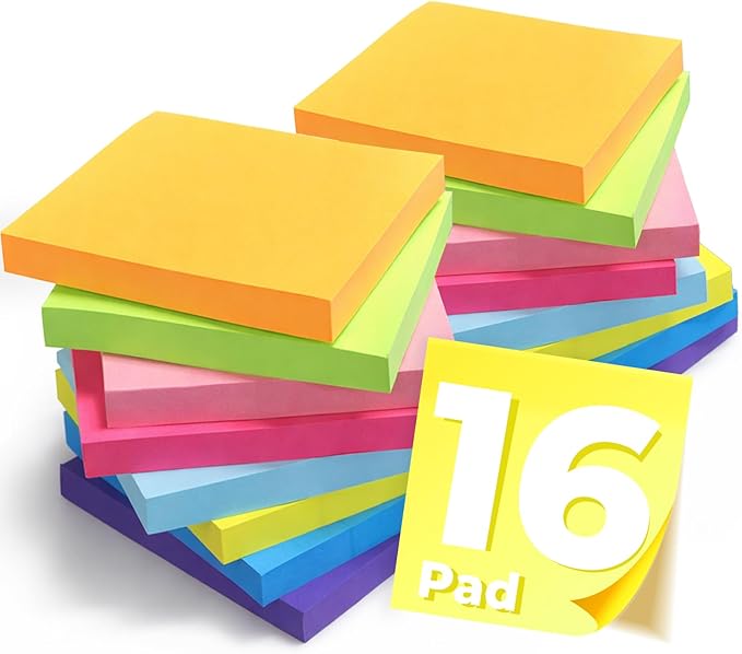 Sticky Notes 3x3 Inches, Bright Colors Self-Stick Pads, Easy to Post for Home, Office, Notebook,100 Sheets/pad (16 Pads)