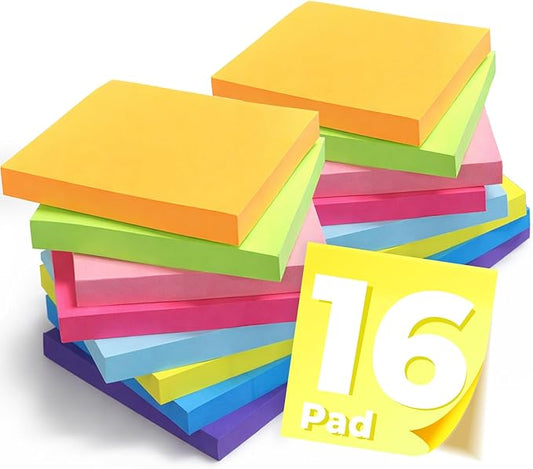 Sticky Notes 3x3 Inches, Bright Colors Self-Stick Pads, Easy to Post for Home, Office, Notebook,100 Sheets/pad (16 Pads)
