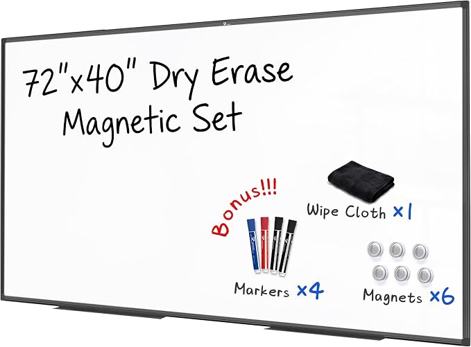 TOWON Magnetic Dry Erase Board 72x40 in, Aluminum Frame, Black Border | Large wall mounted white board with markers, pen tray, magnets and cleaning wipe for office and classroom