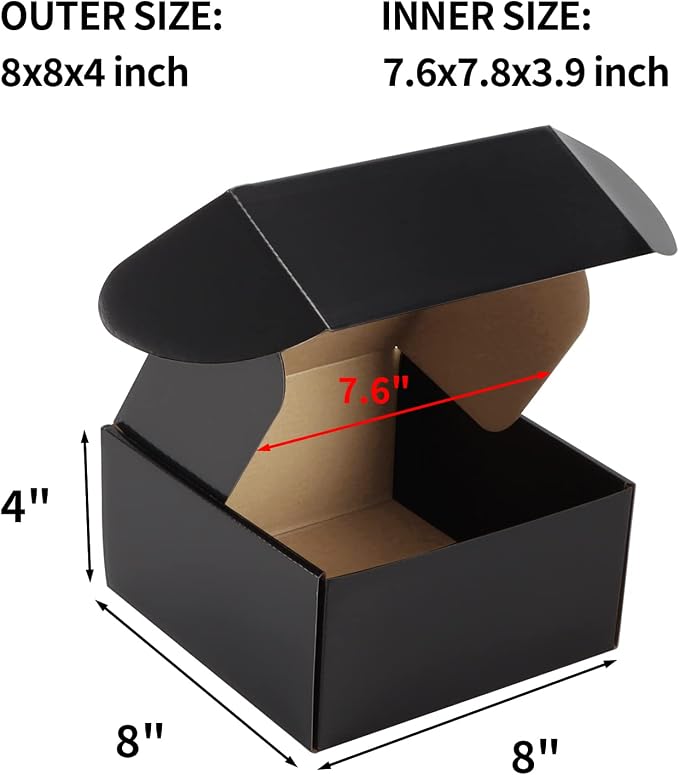 Hoikwo 25 Pack 8x8x4 Shipping Boxes for Small Business, Black Packaging Cardboard Boxes, Moving Mailing Packing Box