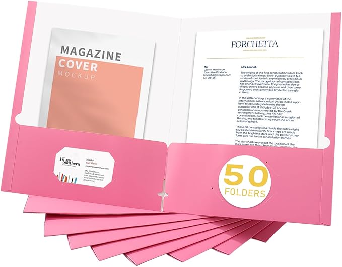 Zzrywuty Pink File Folders with Pockets Letter Size,50-Pack Paper Folders with Card Slot,Two Pocket Folders for School Students,Businessmen,Home and Office Workers