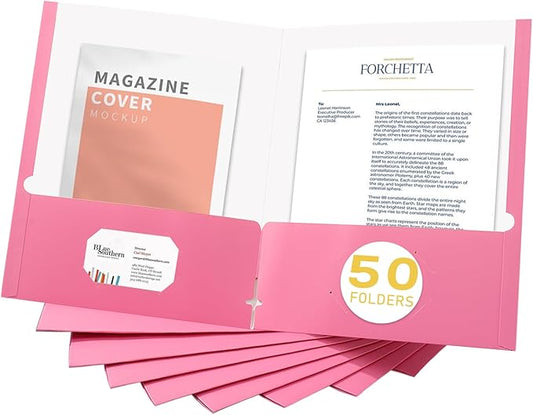 Zzrywuty Pink File Folders with Pockets Letter Size,50-Pack Paper Folders with Card Slot,Two Pocket Folders for School Students,Businessmen,Home and Office Workers