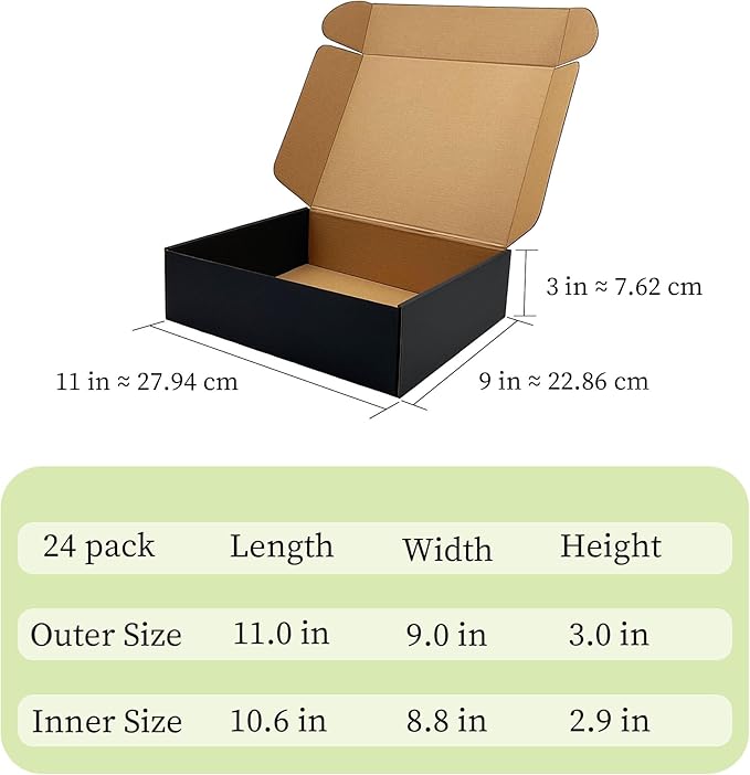 24 Pack 11x9x3 inch Black Shipping Boxes ，Cardboard Packaging Boxes for Mailing Shipping Corrugated Cardboard Boxes for Packaging Small Business Craft Flat Shipping Boxes Empty Gifts Giving Products
