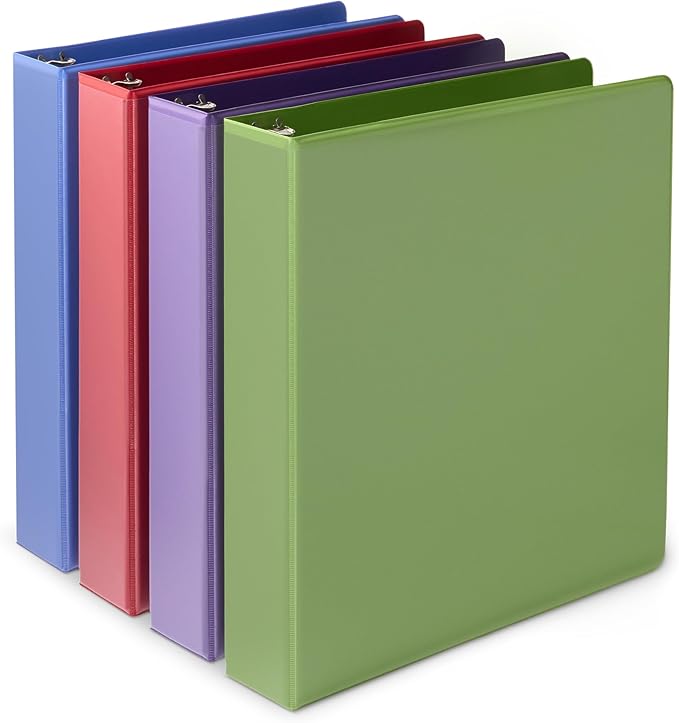 Amazon Basics 3 Ring 1.5 inch Binder, Round Rings, Assorted Colors, 4 Pack