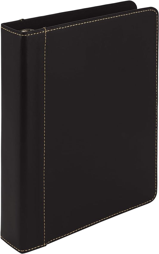 Samsill 1" Junior Size 3 Ring Binder, Leather, Black with Contrast Stitching, Holds 8.5 x 5.5 Paper, 3 Rings, Notebook Binder, Portfolio Organizer, Planner, Journal