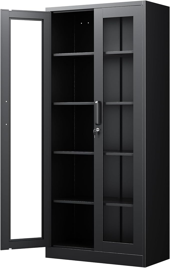 PEUKC Display Cabinet with Glass Doors, 71 Inches Metal Display Case with 4 Adjustable Shelves, Curio Storage Cabinet with Lock for Home, Office, Book, Pantry, Assemble Required (Black)