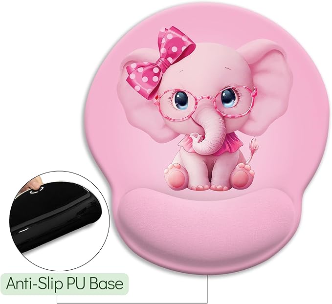 Ergonomic Mouse Pad with Gel Wrist Rest, Non-Slip PU Base & Cute Pink Elephant Design for Comfortable Office, Gaming, Home Use - Valentine's Gift for Her
