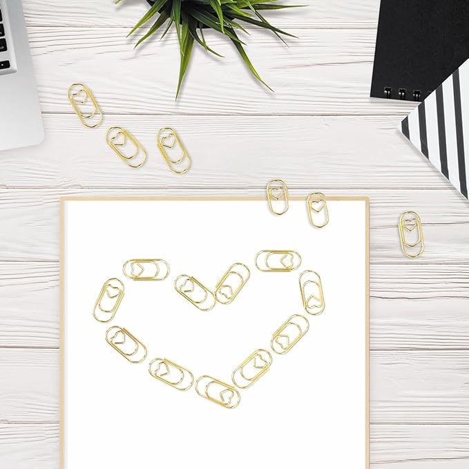 100 Pcs Love Heart Shaped Paper Clips, 0.78inch Cute Mini Paperclips for Office School Home Desk Organizers (Gold)