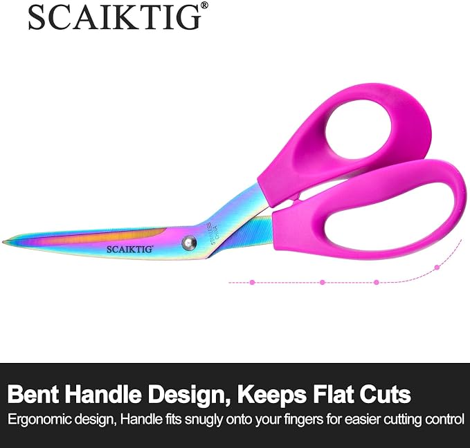 SCAIKTIG 8.5“ Bent Fabric Scissors All Purpose Sharp Heavy Duty, Bent Shears for Sewing Crafting Cutting Clothes, Felt, Leather, Paper Supplies, Pink Handle, Titanium Coating Blades, 2-Pack