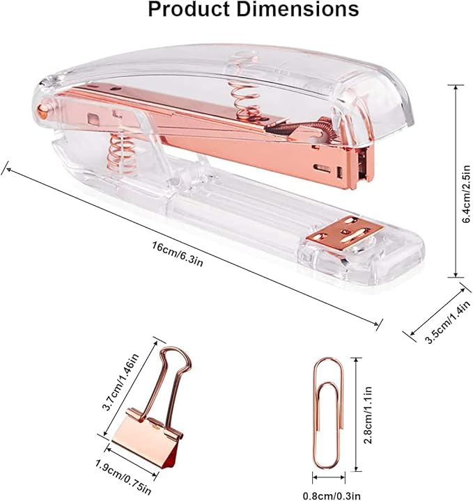 Acrylic Desktop Stapler with 1000 26/6 Staples, 6 Binder Clips & 50 Paper Clips, Desk Accessory Kit for Home Office School (Rose Gold)